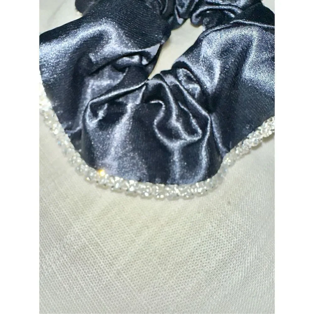 Navy satin hair scrunchie with rhinestone trim